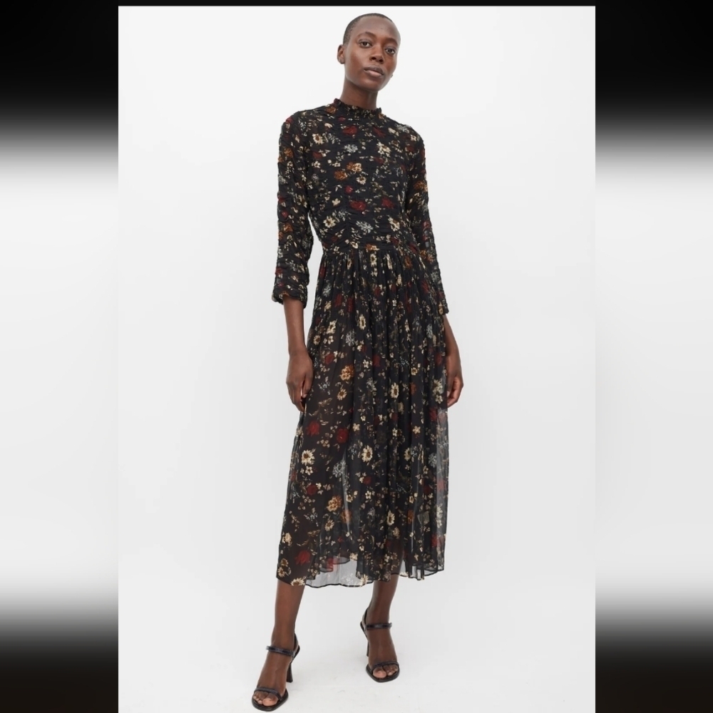Dôen Black & Multicolour Silk Floral Sheer Dress